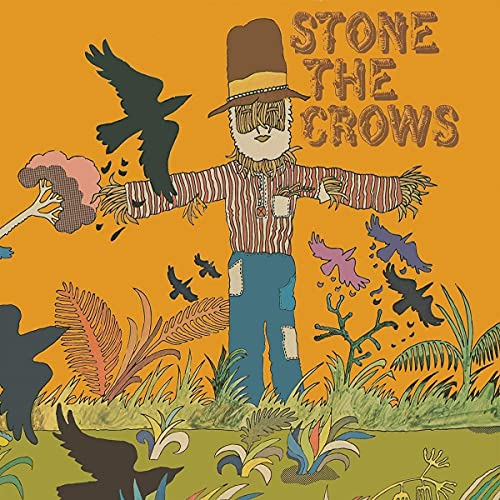 Illustration of a scarecrow in a field surrounded by crows on an orange background.