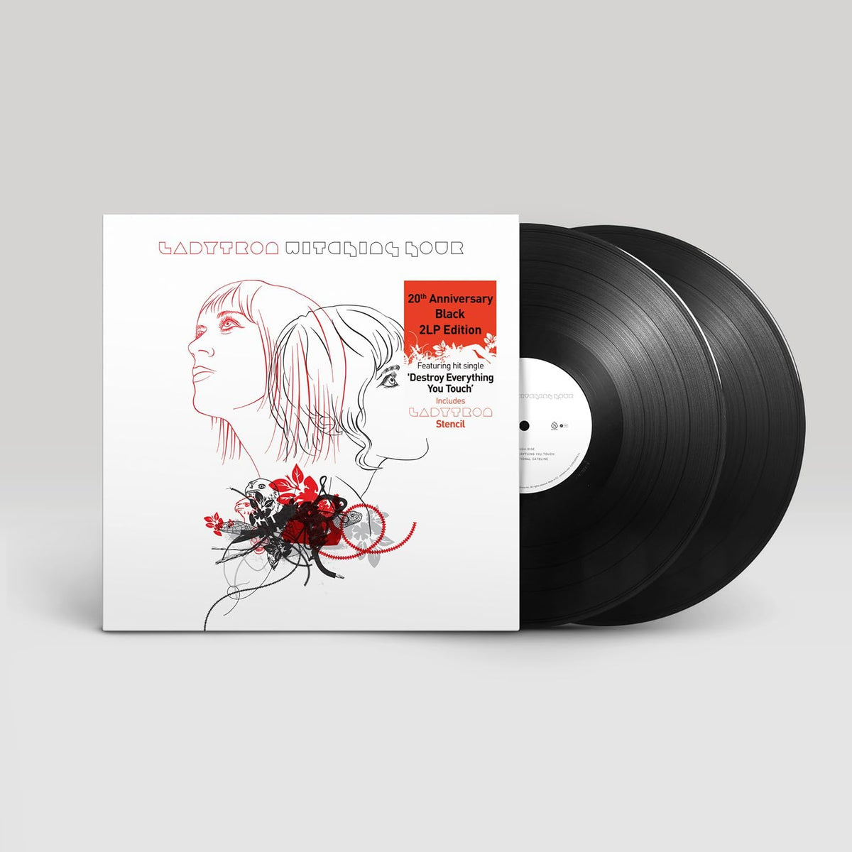Ladytron’s “Witching Hour” 20th Anniversary Edition vinyl record with red floral design.