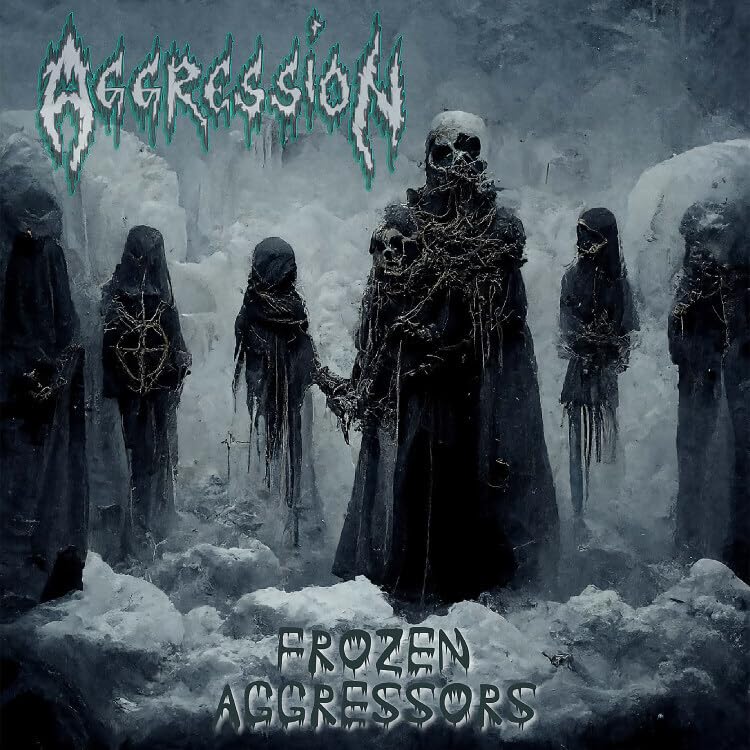 Dark album cover featuring hooded skeletal figures in a snowy landscape.