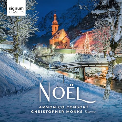 Snowy village scene with a church, album cover for "Noël" by Armonico Consort.