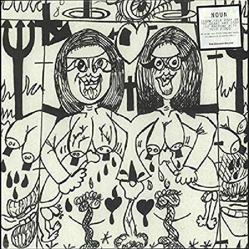 Black and white album cover with two figures and abstract drawings.