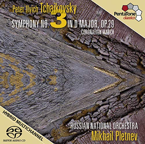 CD cover for Tchaikovsky’s Symphony No. 3, featuring wood grain texture.