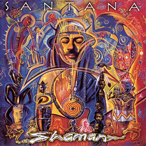 CD cover for Santana’s “Shaman” featuring colorful, surreal artwork and a central portrait.