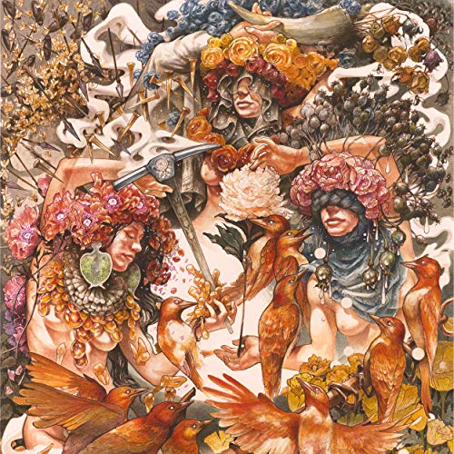 Painted album cover with women, flowers, birds, and symbolic objects.