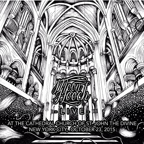 Black and white illustration of a cathedral interior with “Moon Hooch” text.