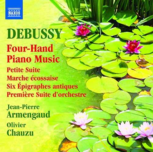 CD cover for Debussy’s four-hand piano music with water lilies.