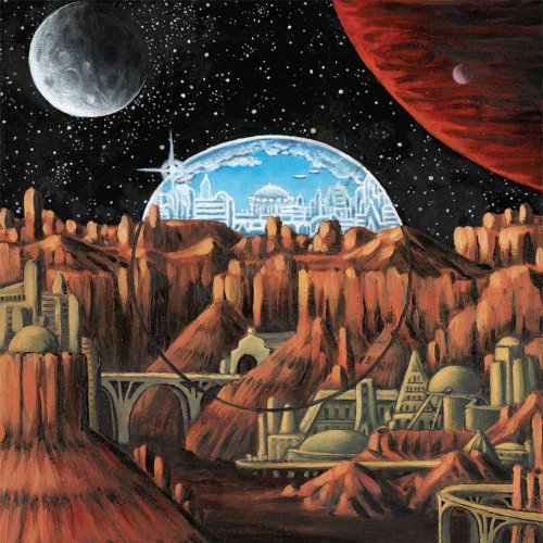 Painted landscape with futuristic city inside a planetary sphere.