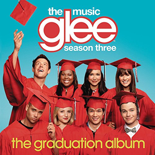 Glee cast in red graduation gowns and caps, album cover.