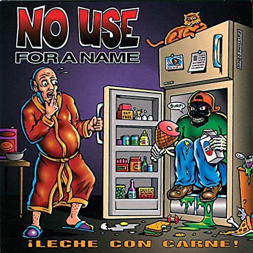 Cartoon album cover with a man, fridge, and masked figure, titled "Leche Con Carne".