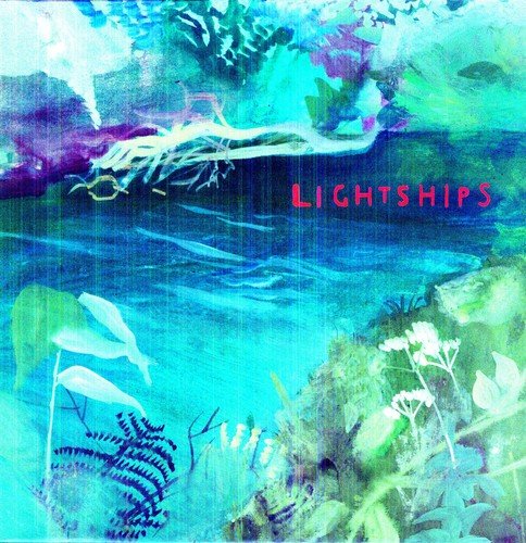 Abstract blue and green album cover with red “LIGHTSHIPS” text.