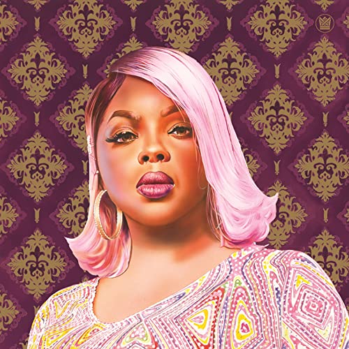 Woman with pink hair and gold hoop earrings against a patterned purple background.