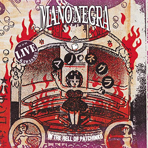 Mano Negra" album cover: red and white illustration with a girl and pachinko machine.