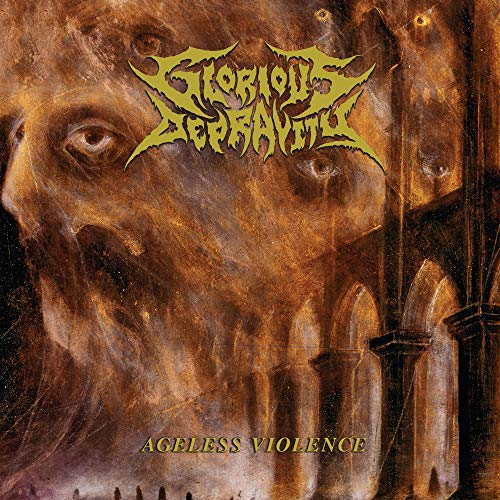Album cover: distorted face, gothic architecture, and band name “Glorious Depravity.”
