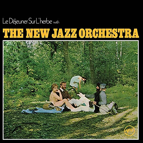 Album cover: people picnicking nude in a lush, green forest.
