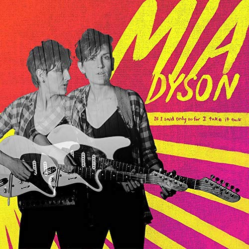 CD cover featuring Mia Dyson with a guitar, bold yellow and red background.