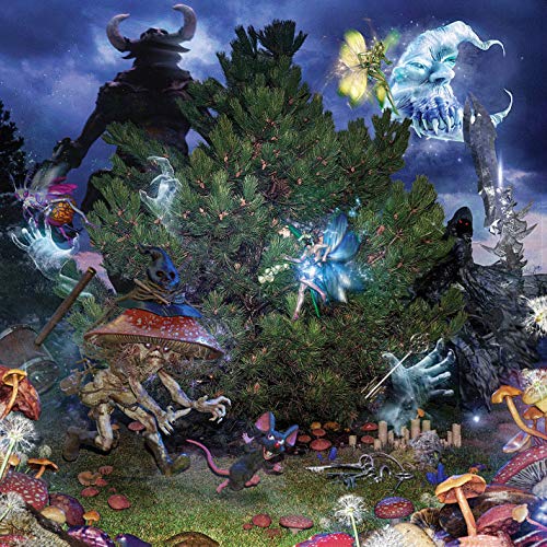 Surreal album cover with fantastical creatures and a large evergreen tree.
