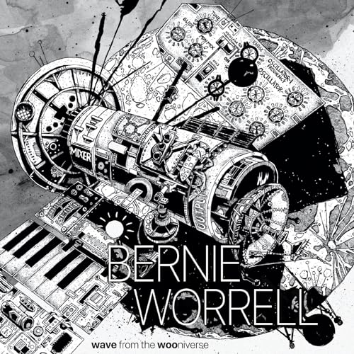 Black and white illustration of a complex machine with “Bernie Worrell” text.