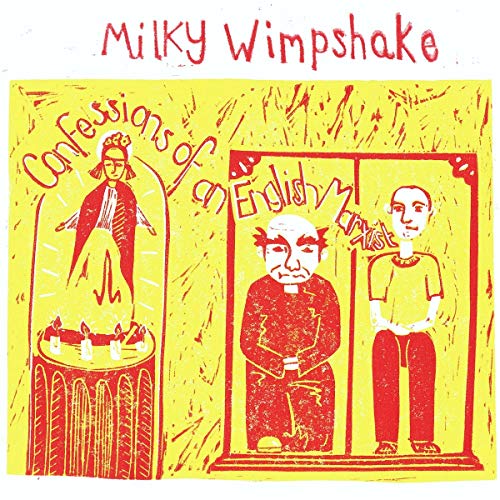 Yellow album cover with red linocut illustrations of three figures.
