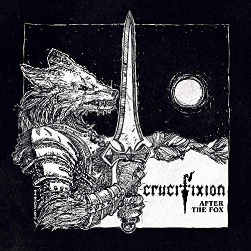 Black and white illustration of a wolf-like creature holding a sword.