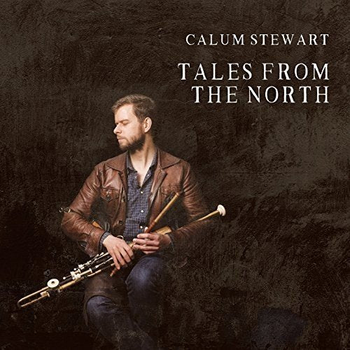 Calum Stewart album cover featuring a man with bagpipes, dark background.