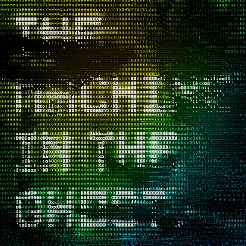 Abstract digital art with green and blue code-like patterns.