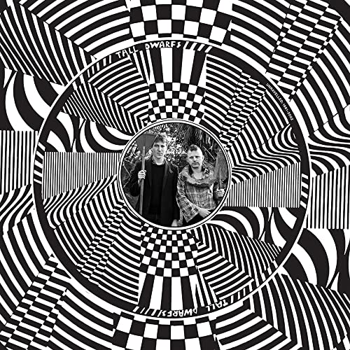 Black and white album cover with swirling optical illusion and band photo.