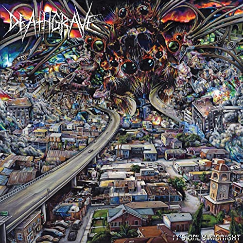 Album cover for Deathgrave’s “It’s Only Midnight” with surreal, chaotic imagery.