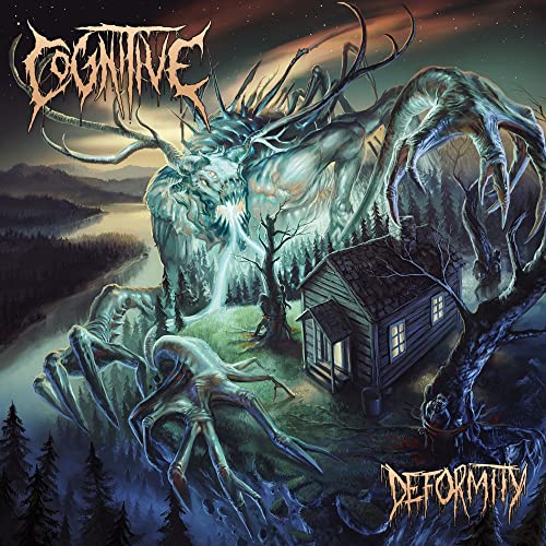 Dark fantasy album cover featuring a monstrous figure and small cabin.