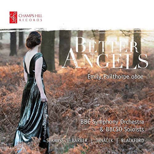 CD cover: woman in gown, forest background, text "Better Angels", oboe soloist.