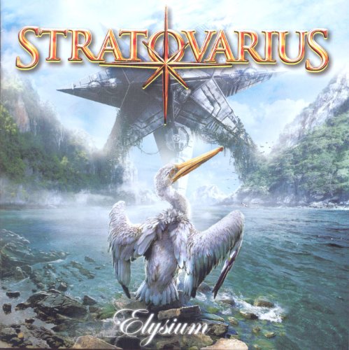 Stratovarius "Elysium" CD cover: pelican with futuristic city in background.