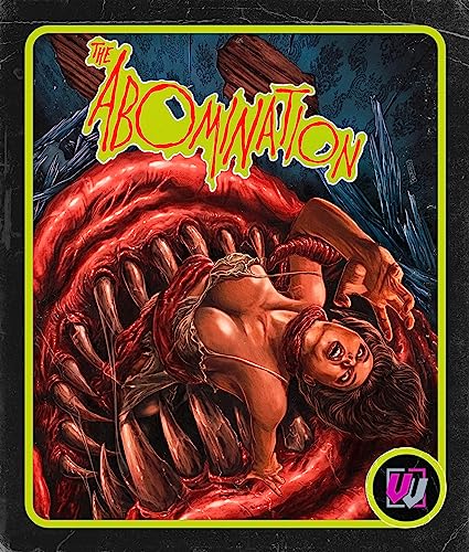 Horror movie poster: a woman trapped in a monstrous, tooth-filled maw.