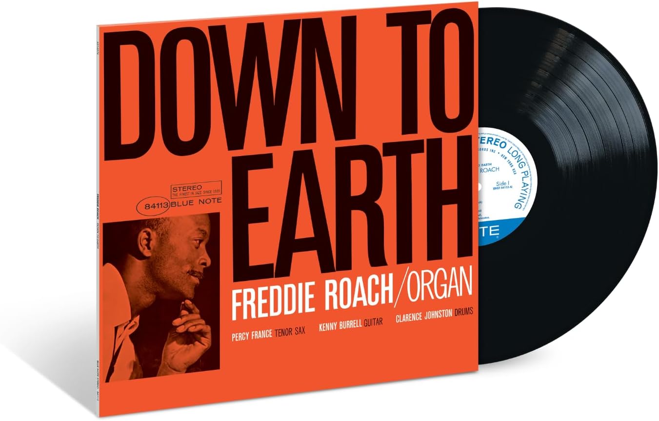 Vinyl record for Freddie Roach’s “Down To Earth” album, featuring a portrait.