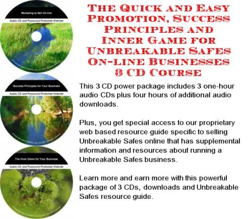 Three CDs with nature scenes and red text promoting a business course.