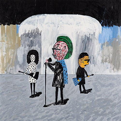 Painted album cover depicting three figures with instruments and sunglasses.