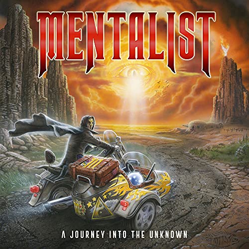 CD cover: motorcyclist with luggage riding towards a fiery, surreal landscape.
