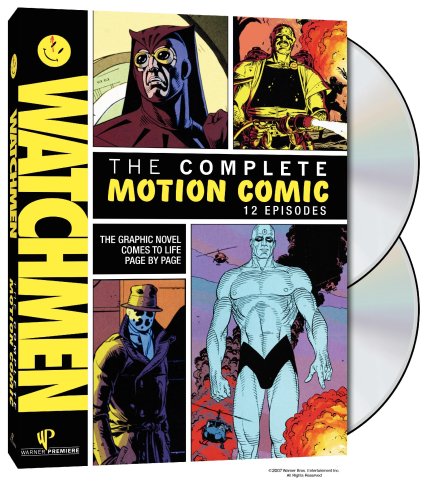 Watchmen: The Complete Motion Comic" DVD case featuring comic panel artwork.