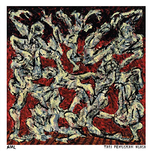 Abstract painting of white figures on a red background, vinyl record cover.