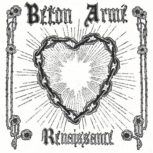 Black and white album cover with a chained heart and floral frame.