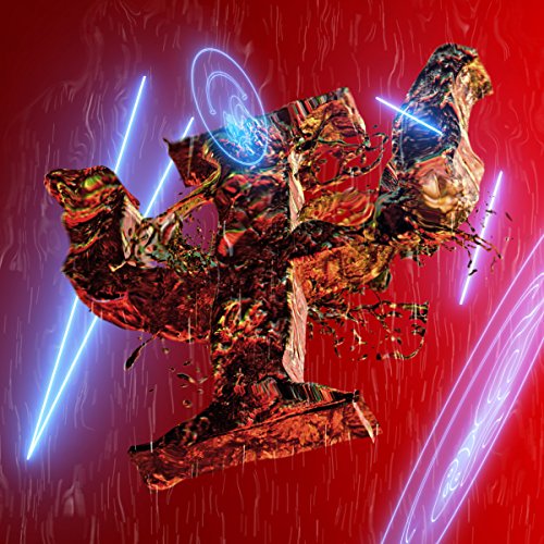 Abstract red and black sculpture with blue neon light streaks.