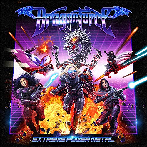 Dragonforce album cover featuring band members, a dragon, and spaceships.