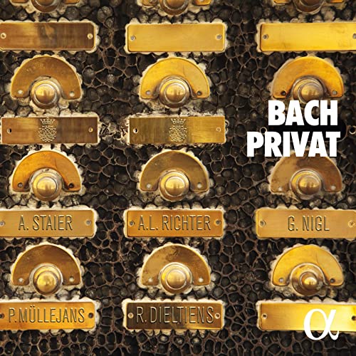 CD cover with vintage library card catalog aesthetic and "Bach Privat" text.