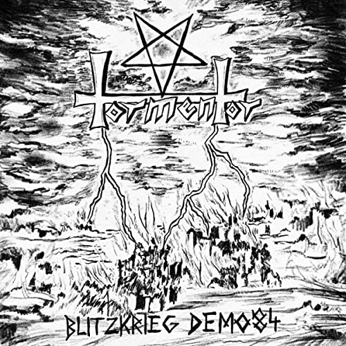 Black and white album cover with pentagram, lightning, and band name "Tormentor".