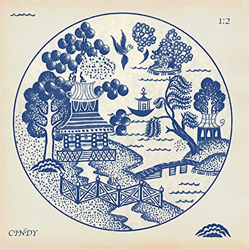 Blue and white illustration of a traditional Asian landscape scene.