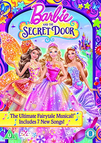 Barbie And The Secret Door" DVD cover featuring Barbie and friends in fairytale attire.