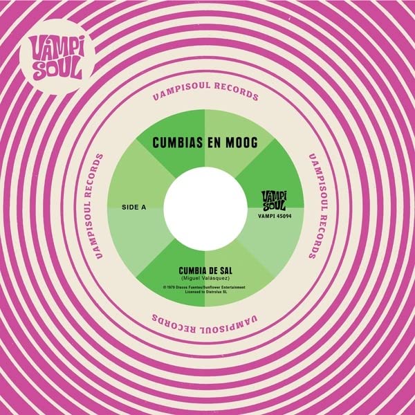 Green and pink vinyl record label with "Cumbias En Moog" text.