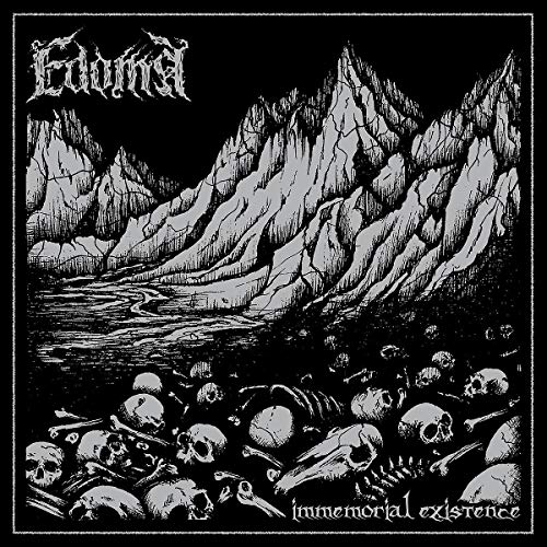Black and white album cover with mountains, water, and scattered skulls.