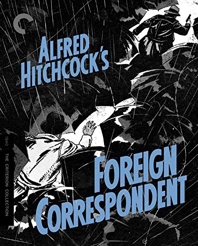 Foreign Correspondent" Blu-ray cover: black and white illustration of figures in rain.
