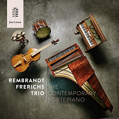 CD cover with instruments—violin, guitar, drums, and fortepianos—on a mottled background.