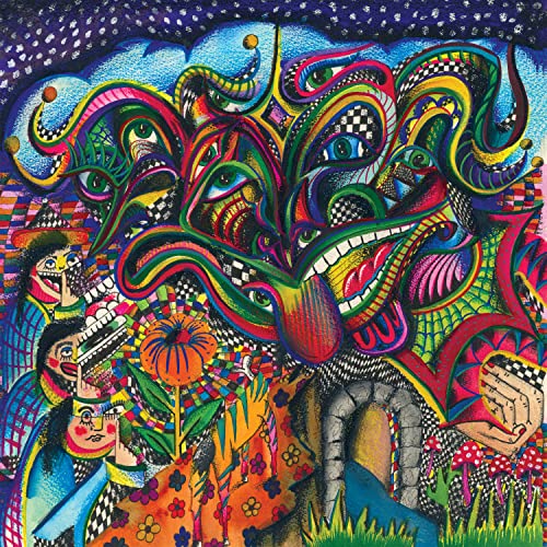 Surreal, colorful psychedelic art featuring a large, multi-eyed jester face and patterned figures.