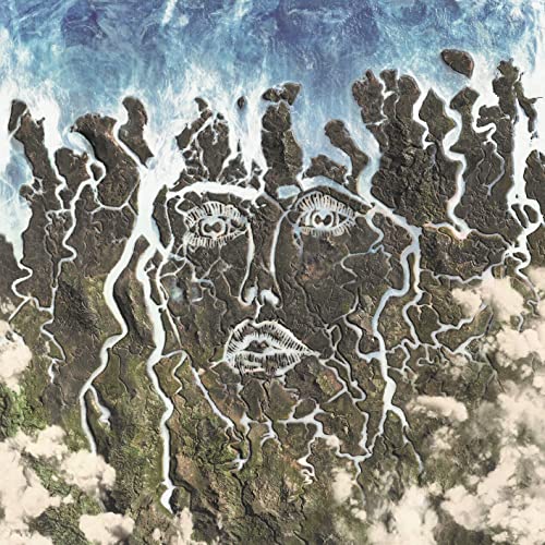 Aerial view of a face formed by land and waterways.